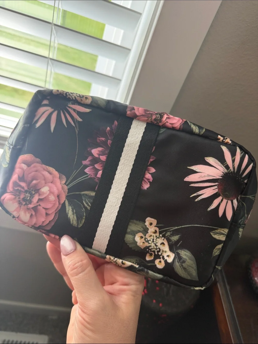 Black Floral Crossbody Bag with Gold Accent makeup purse Sonia Kashuk clutch